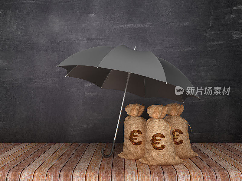 雨伞与欧元钱袋在木地板上-黑板背景- 3D渲染